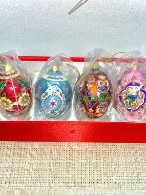 NWT Joan Rivers Faberge Egg Ornaments Set of 4 Red, Pink & Blue 4”